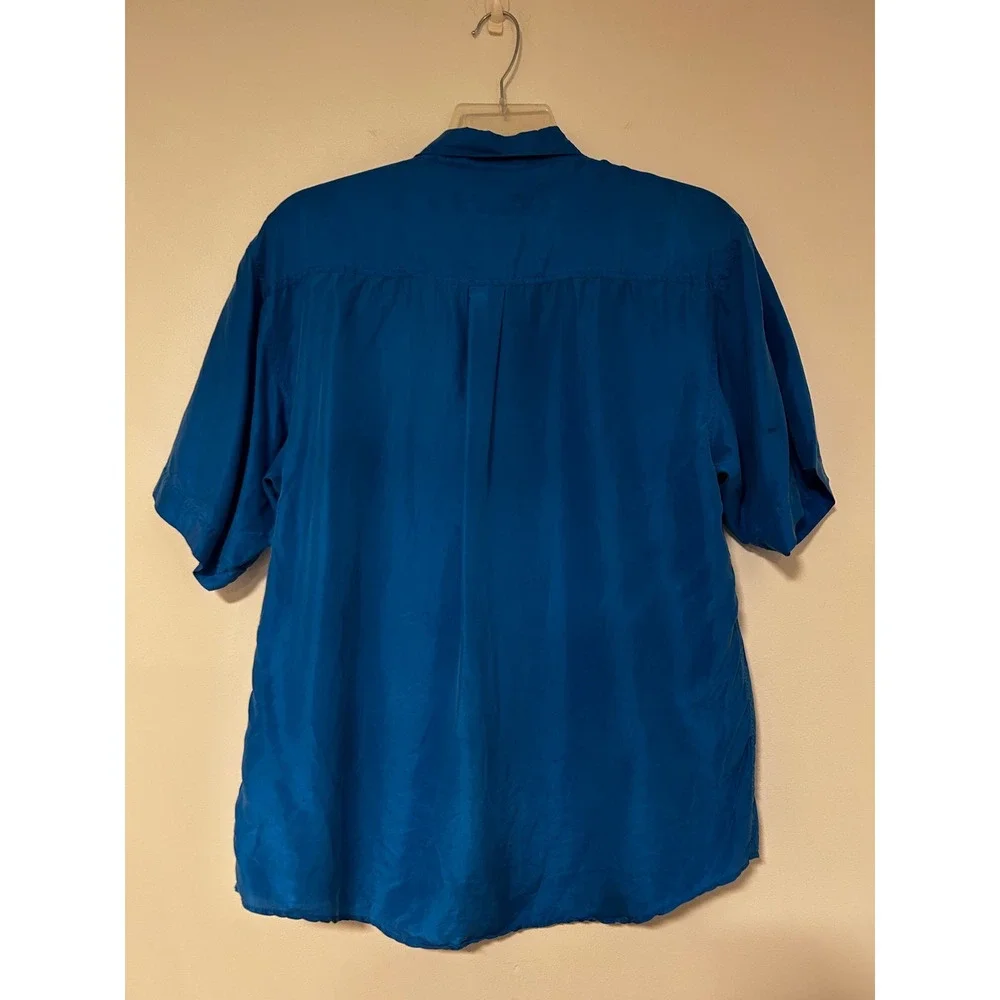 Impact Mens Vintage 100% Washable Silk Short Sleeve Button Down Shirt Blue L